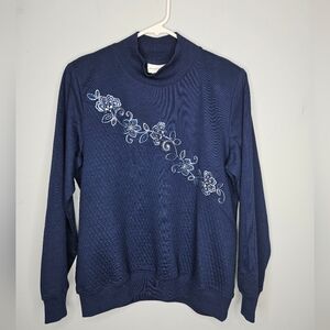 Alfred Dunner Blue Embroidered Floral Women's Mock Neck Quilted Sweatshirt Sz S